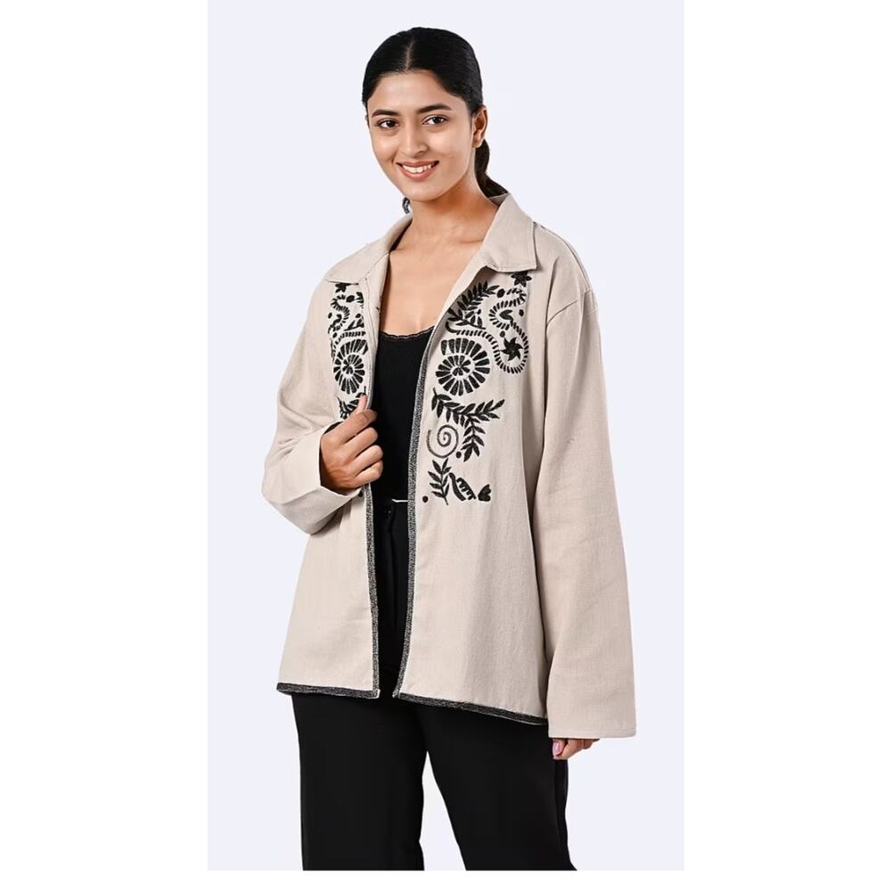4066) Tamsy Beige Cotton Embroidery Open Front Twill Jacket (oversized) Medium